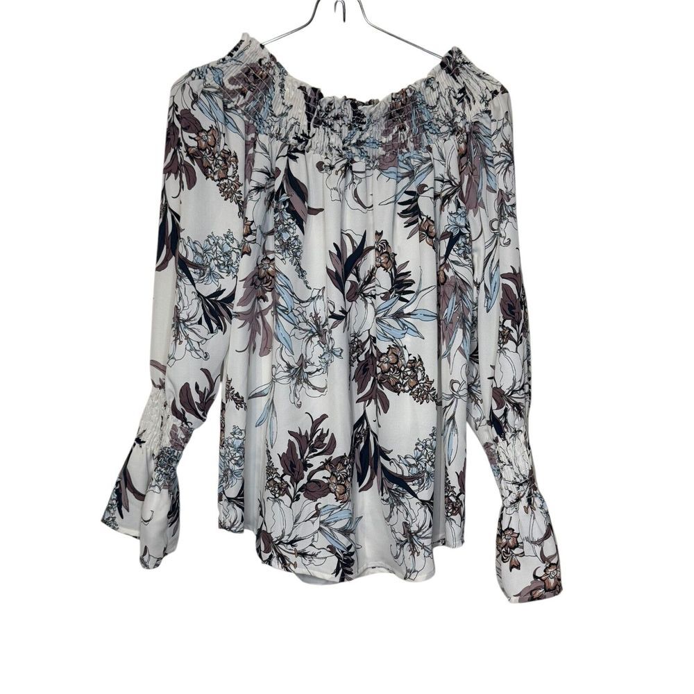 VeronicaM Womens Blouse Off Shoulder Smocked Long Sleeve‎ Cuffed Top Large NWT